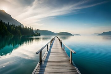 A charming wooden bridge over calm, crystal-clear waters, surrounded by lush greenery and with the sea stretching out to the horizon. - obrazy, fototapety, plakaty