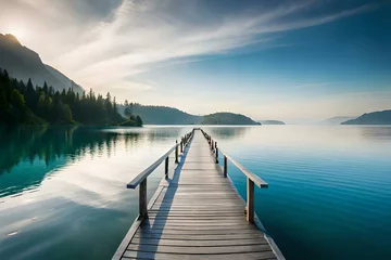 Kissenbezug A charming wooden bridge over calm, crystal-clear waters, surrounded by lush greenery and with the sea stretching out to the horizon. © Muhammad