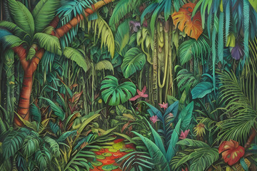 Obraz na płótnie Canvas abstract illustration of a jungle landscape surrealistic art - generative ai