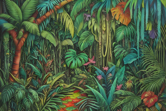 abstract illustration of a jungle landscape surrealistic art - generative ai