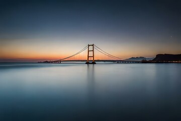 A dramatic suspension bridge with towering pillars, illuminated at night, casting beautiful reflections on the calm and serene sea below.