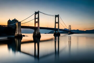A dramatic suspension bridge with towering pillars, illuminated at night, casting beautiful reflections on the calm and serene sea below.