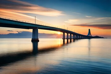 Fototapeta na wymiar A futuristic and sleek bridge with elegant curves, spanning over the deep blue sea against a backdrop of a colorful sunset sky.