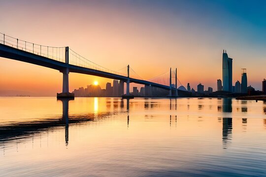 A futuristic and sleek bridge with elegant curves, spanning over the deep blue sea against a backdrop of a colorful sunset sky.