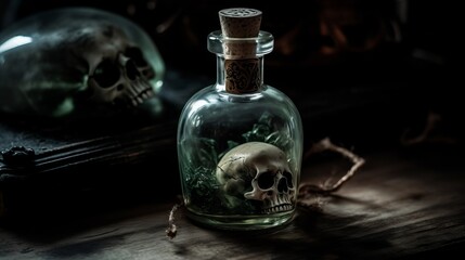 Alcohol addiction kills. A bottle with Death's head on it. Toxic liquid, poison. witchcraft and the occult. Generative AI