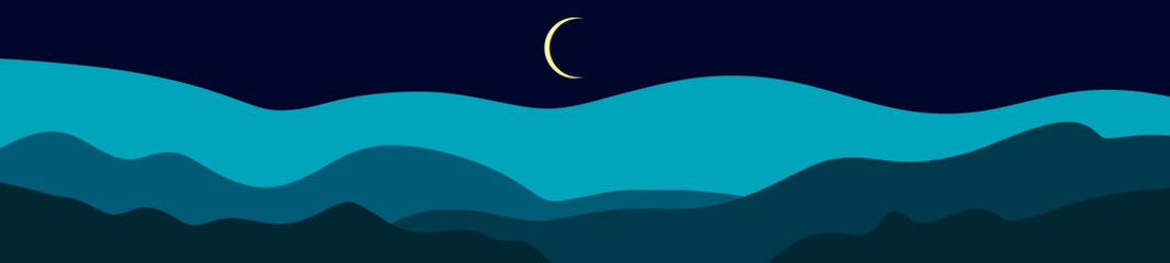 flat landscape banner illustration of moon rise, nature view, sun, sky, high mountains, fields and meadows. illustration for product packaging designs, postcard, banner, flayer etc, night view 