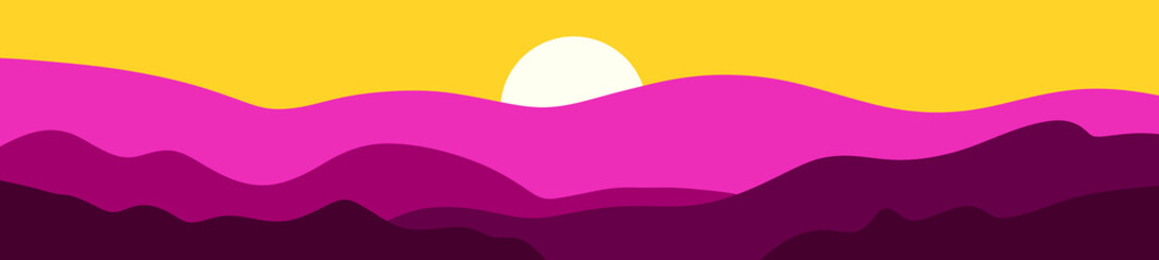 flat landscape banner illustration of sunset, nature view, sun, sky, high mountains, fields and meadows. illustration for product packaging designs, postcard, banner, flayer etc, evening view 