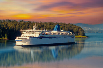 Fototapeta na wymiar Ferries ship on the beautiful Pacific ocean and mountains background. West Vancouver, BC, Canada. 