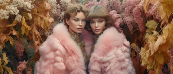supermodel twins in a fur moth costume - obrazy, fototapety, plakaty