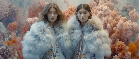 supermodel twins in a fur moth costume - obrazy, fototapety, plakaty