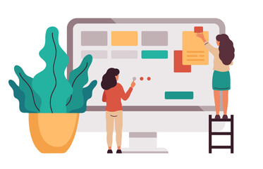 Business brainstorming concept. Office team communication, and interaction, business process flat vector illustration. Agile project management
