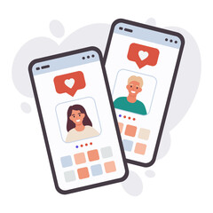 Man and woman chatting. Smartphone with love chat, dating app match, romantic conversation on smartphone screen flat vector illustration