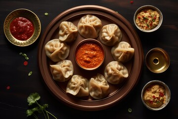 Indian/Nepalese Authentic Momos, Overhead food photograph for restaurant app menu website - obrazy, fototapety, plakaty