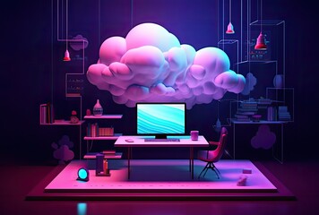 Cloud technology, computing. Devices connected to digital storage in the data center via the Internet, IOT, Smart Home Communication laptop, tablet, phone home devices with an online.