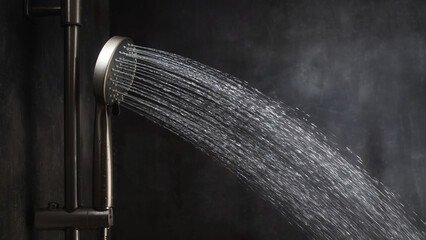 Water flowing from shower head in bathroom with dark black background, simple and modern bathroom...