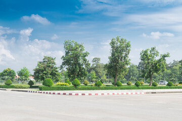 A wide asphalt road and tree line. Empty street and garden on roadside with blue sky background
