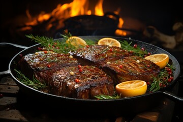 Illustration of four sizzling steaks with lemon and rosemary in a skillet created with Generative AI technology