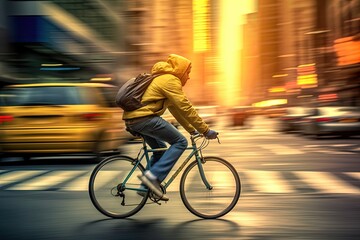 cyclist racing through a bustling city street