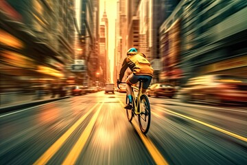 cyclist racing through a bustling city street