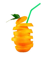 Fototapeta na wymiar Fresh citrus fruits in the form of a refreshing drink with a drinking straw on a white background. Orange juice. advertising photo. Cocktail made from orange slices. Isolated object on a white