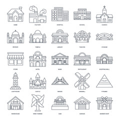 Fototapeta na wymiar A detailed vector illustration representing diverse building types: home, factory, school, mosque, hospital, and more. Each icon clearly depicts its respective structure