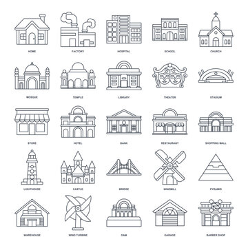 A detailed vector illustration representing diverse building types: home, factory, school, mosque, hospital, and more. Each icon clearly depicts its respective structure