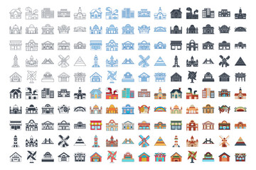 This building set icon vector illustrates various structures like homes, factories, schools, mosques, hospitals, and more, depicted with detailed and clear imagery