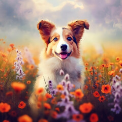 Cute dog in the fields of poppies with blue effect. For Dog Food Advertisement. Generative AI