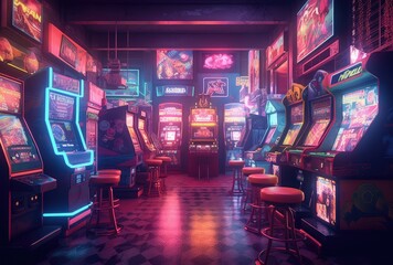 Neon lights bathe the room in a captivating glow, highlighting the iconic game machines that line the walls. 