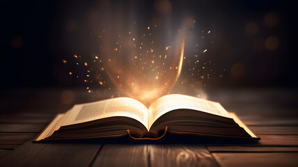 Open book Bible on wooden desk with mystic bright light fantasy light like holy spirit on black bokeh background magic poster 3d illustration