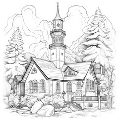 Obraz premium Hand drawn ink drawing of a landscape with a cozy house on the edge of the forest. Sketch of a country house. Antistress coloring book. Generative AI