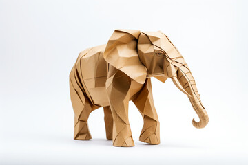 Abstract origami paper art elephant isolated on white background, folded paper style animal with polygon shapes. Generative AI.