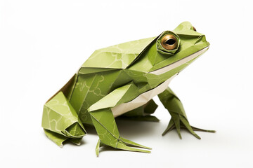 Abstract origami paper art frog isolated on white background, folded paper style animal with polygon shapes. Generative AI. - obrazy, fototapety, plakaty