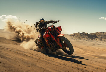 Extreme post-apocalyptic cyberpunk prototype motorcycle Rider riding on sand track, desert in the background.