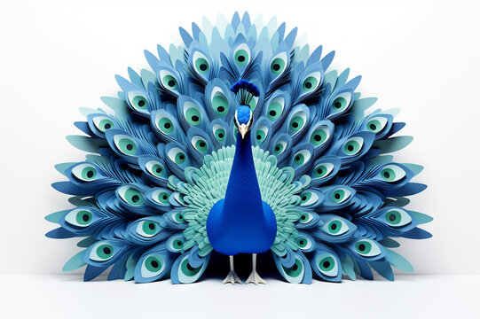 Colorful paper art peacock isolated on white background, abstract paper cut style animal for cover, poster, art print. Generative AI.