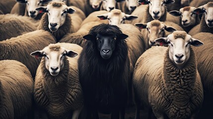 A black sheep surround with normal white sheep metaphore of standing out of the crowd. Generative ai.