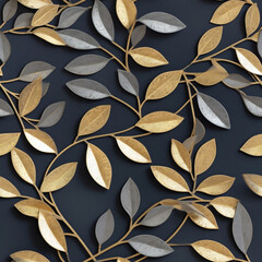 Golden Leafs on the Grey Background Seamless Pattern Made with Generative AI