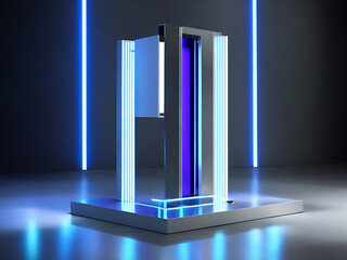 Beautiful futuristic technological light silver podium with light neon panels for product presentation