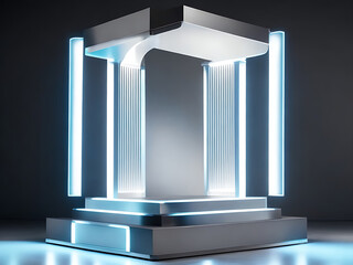 Beautiful futuristic technological light silver podium with light neon panels for product presentation