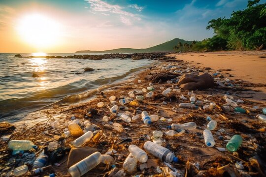 Spilled garbage on the beach of the big city. Empty used dirty plastic bottles. Dirty sea sandy shore the Black Sea. Environmental pollution. Ecological problem. Moving waves in the Generative AI