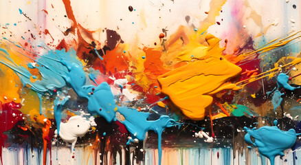 an abstract painting with red, orange and green splashes
