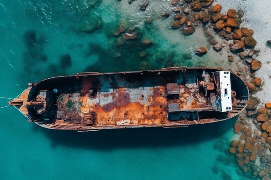 Top view of sinking tanker shot by drone. Inverted tanker wrecked on Black Sea coast of Odessa. Empty tanker leaned to one side and ran aground by during storm with strong wind. Generative AI