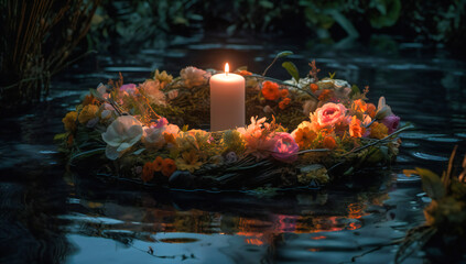 a candle on a floating wreath in water