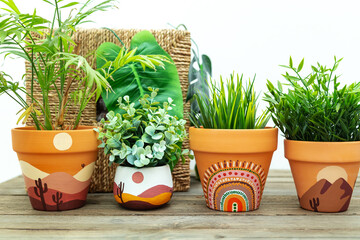 Artificial plants in clay terracotta pots. Ethnic motifs in the interior.