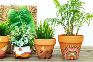Artificial plants in clay terracotta pots. Ethnic motifs in the interior.