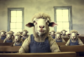sheep and lambs in a school classroom 