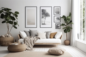 Blank picture frames mockups on white wall. White living room design. Scandi style interior with sofa, cushions, potted palm plant through open white door generative AI technology