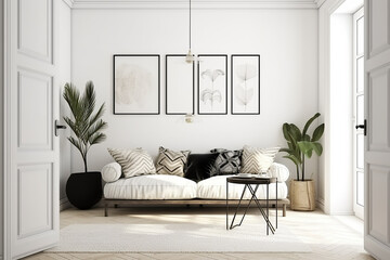 Blank picture frames mockups on white wall. White living room design. Scandi style interior with sofa, cushions, potted palm plant through open white door generative AI technology