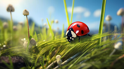 Ladybug sits on grass covered with dew drops, front view.