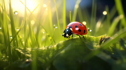 Obraz premium Ladybug sits on grass covered with dew drops, front view.